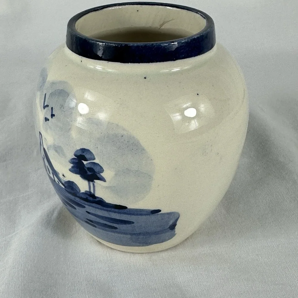 Vintage Delfts Handpainted Blue White Windmill Ginger Jar Pair Small 3.5